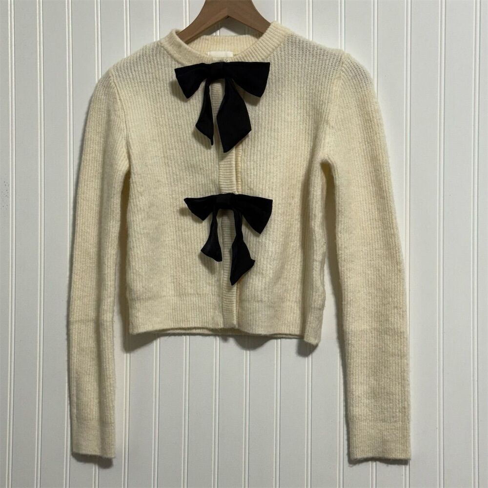 H&M Cropped Fuzzy Cardigan Sweater XS Cream Ivory Black Bow Coquette Balletcore